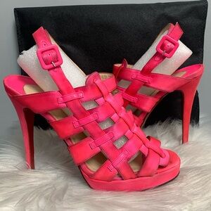Authentic Louboutin Paquita Crepe Satin hot pink cage stilettos